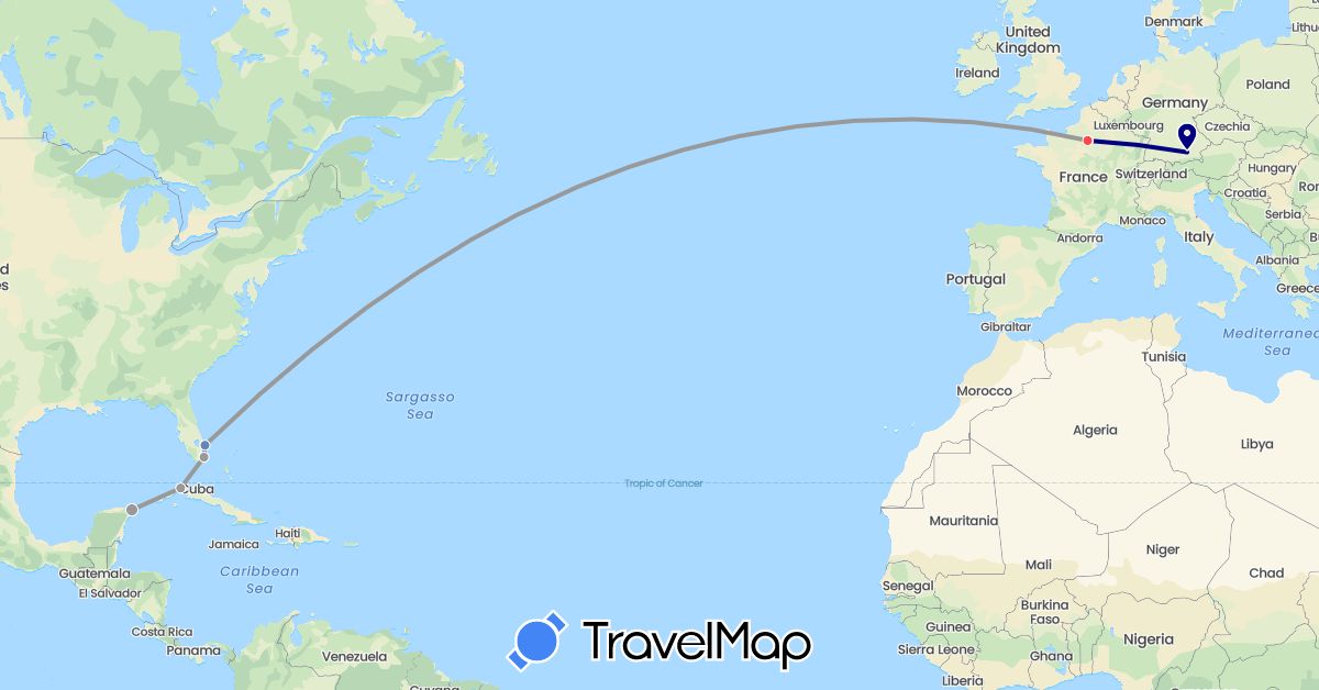 TravelMap itinerary: driving, plane, cycling, hiking in Cuba, Germany, France, Mexico, United States (Europe, North America)